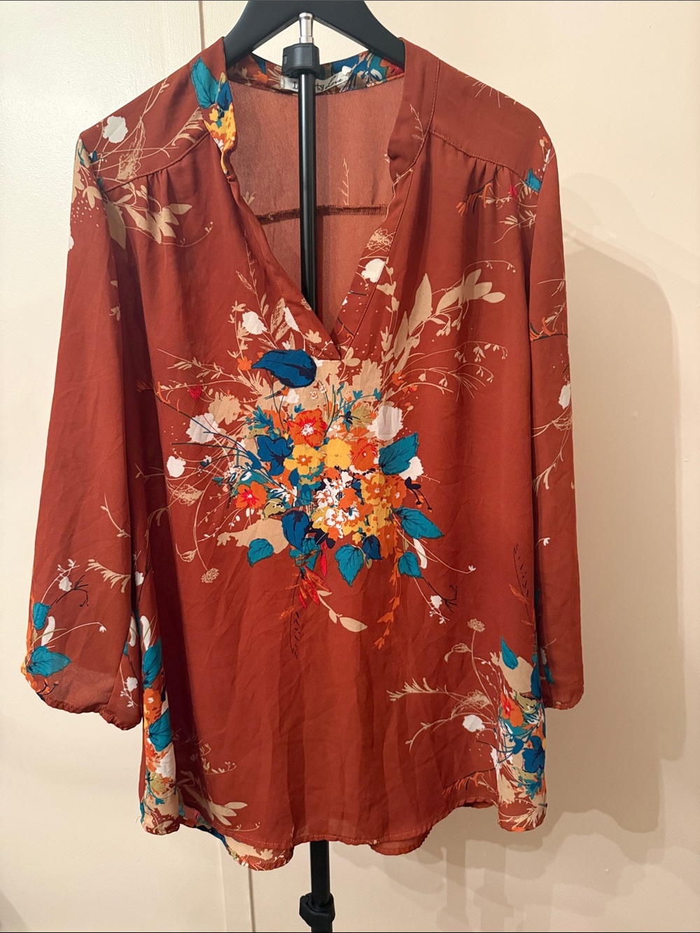 Liberty Love Rust Floral Split-Neck Tunic with Teal Accents